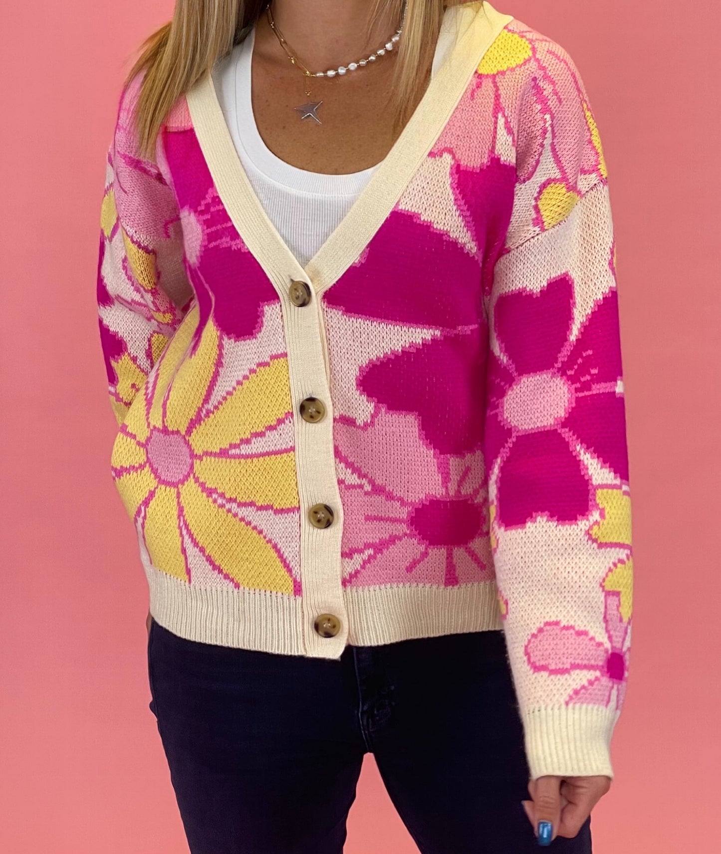 Pink Floral Cardigan Sweater