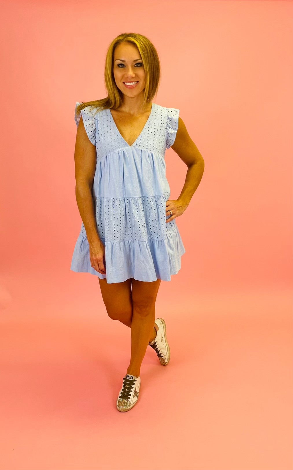 V-Neck Eyelet Dress Misty Blue