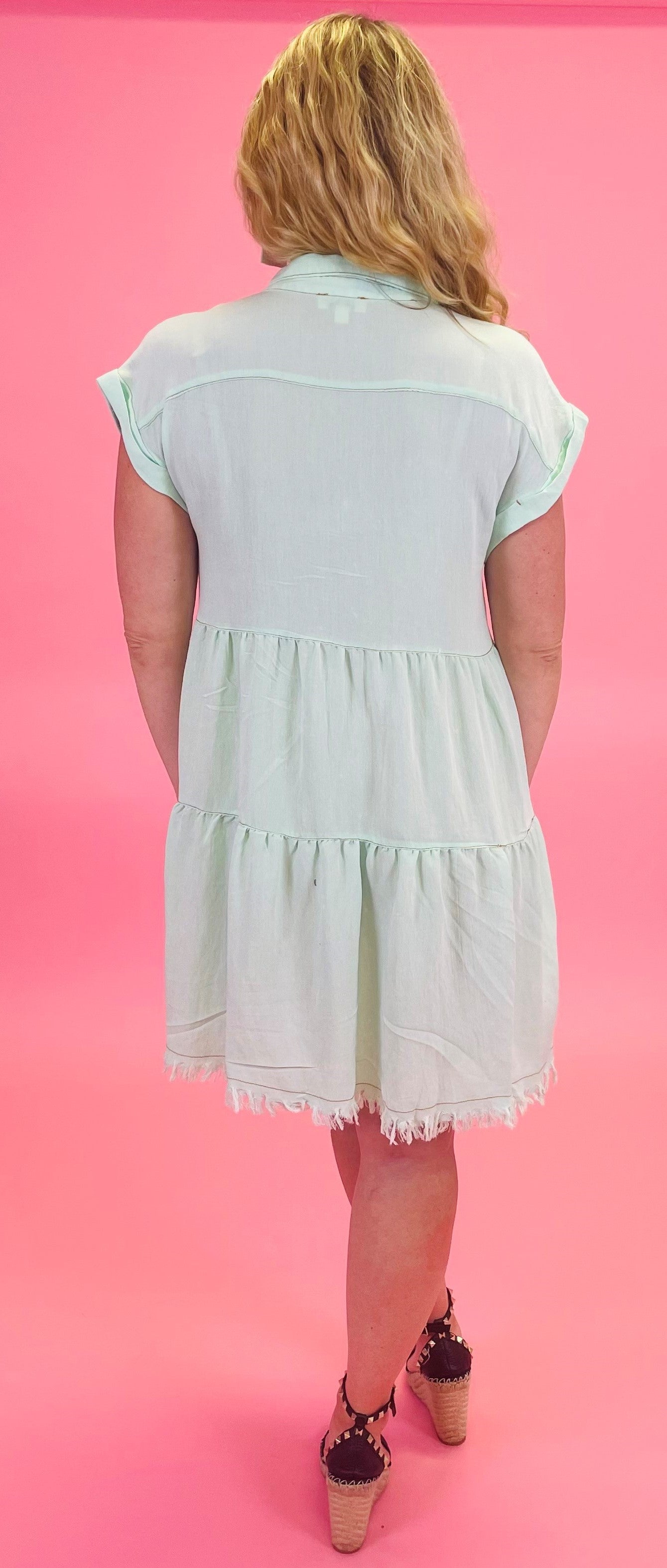 Ice Mint Button Front Ruffle Dress