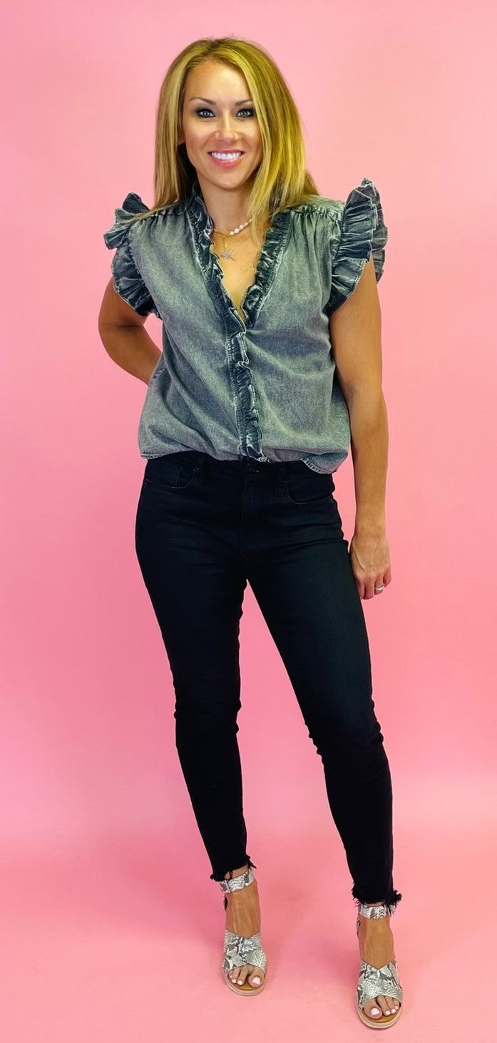 Grey Wash Sleeveless Ruffle Top