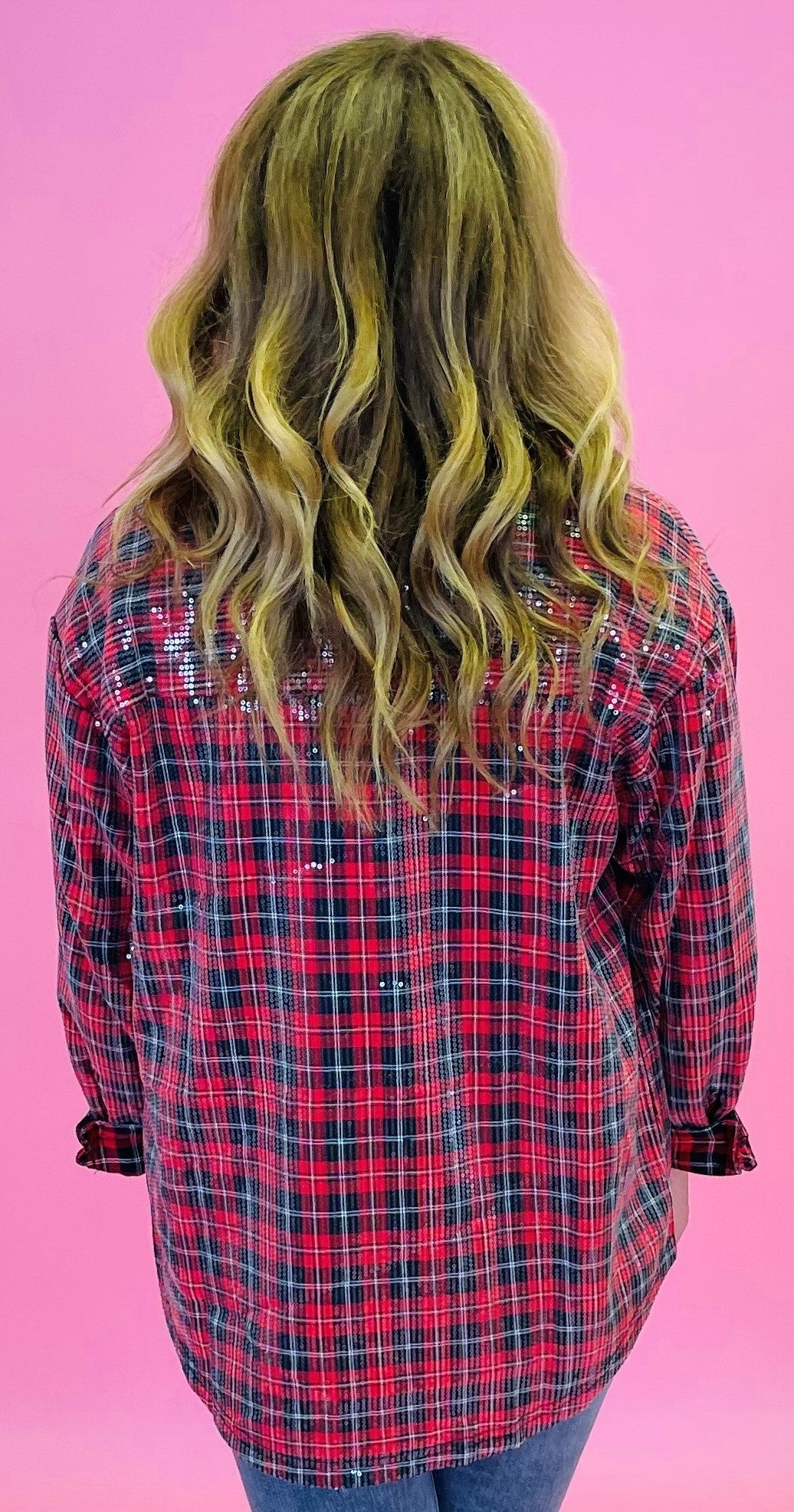 Red Multi Sequined Embellished Plaid Jacket