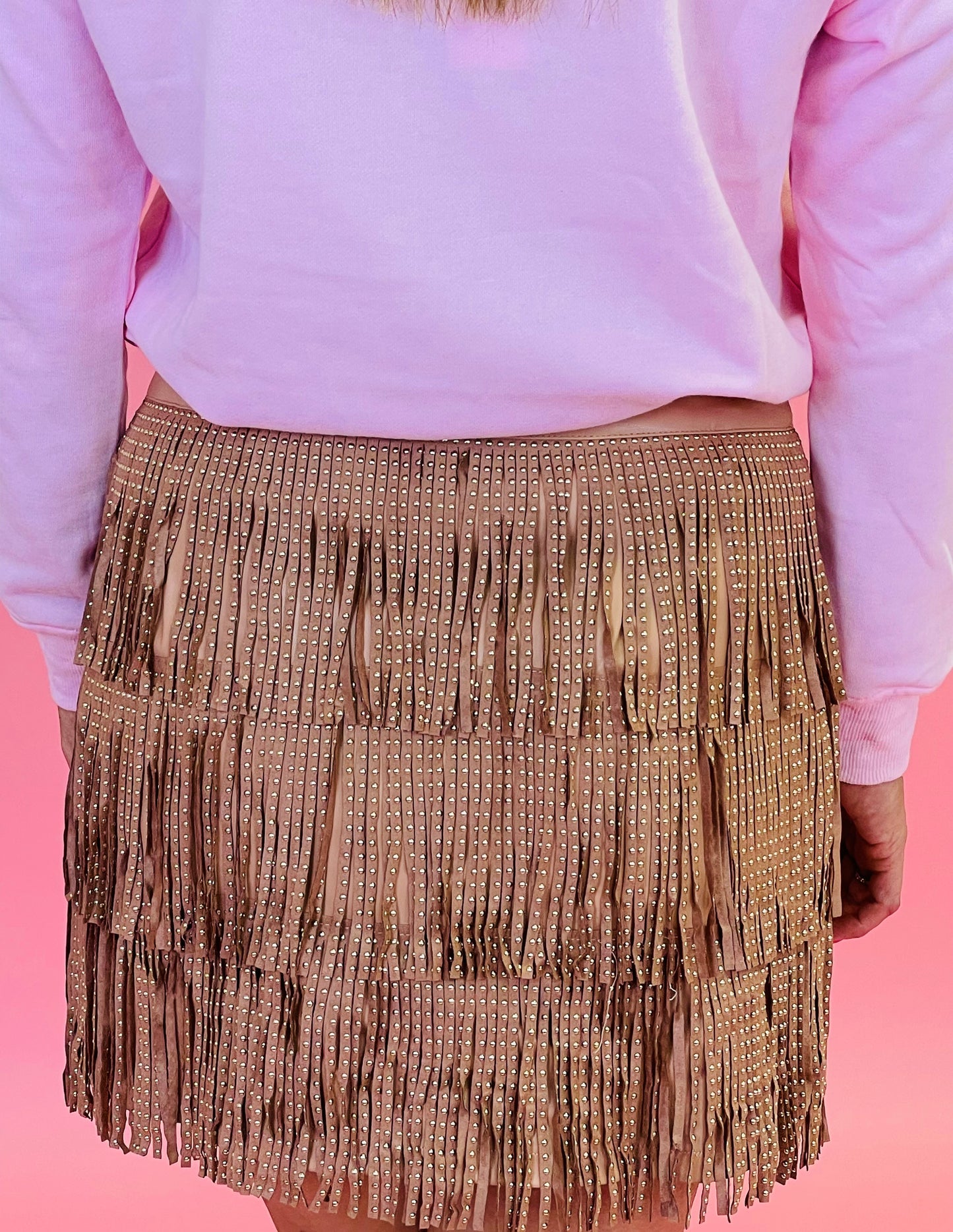 Camel Studded Fringe Mini Skirt