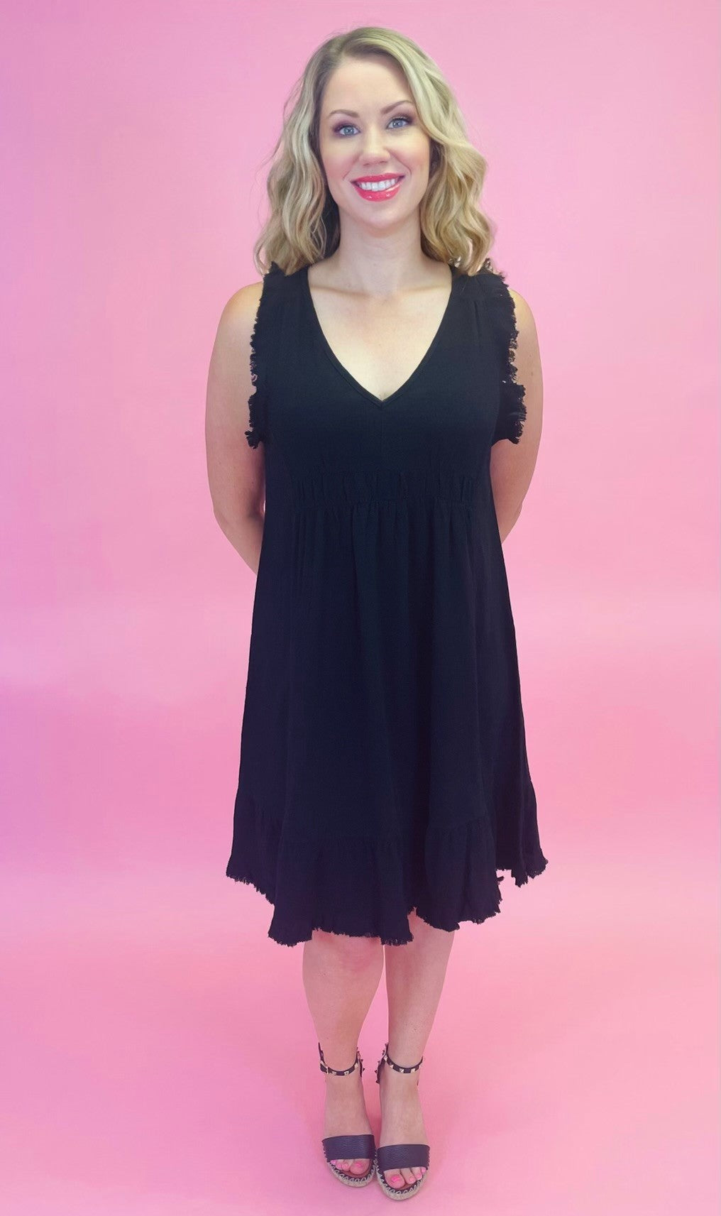 Black Linen Blend V Neck Dress