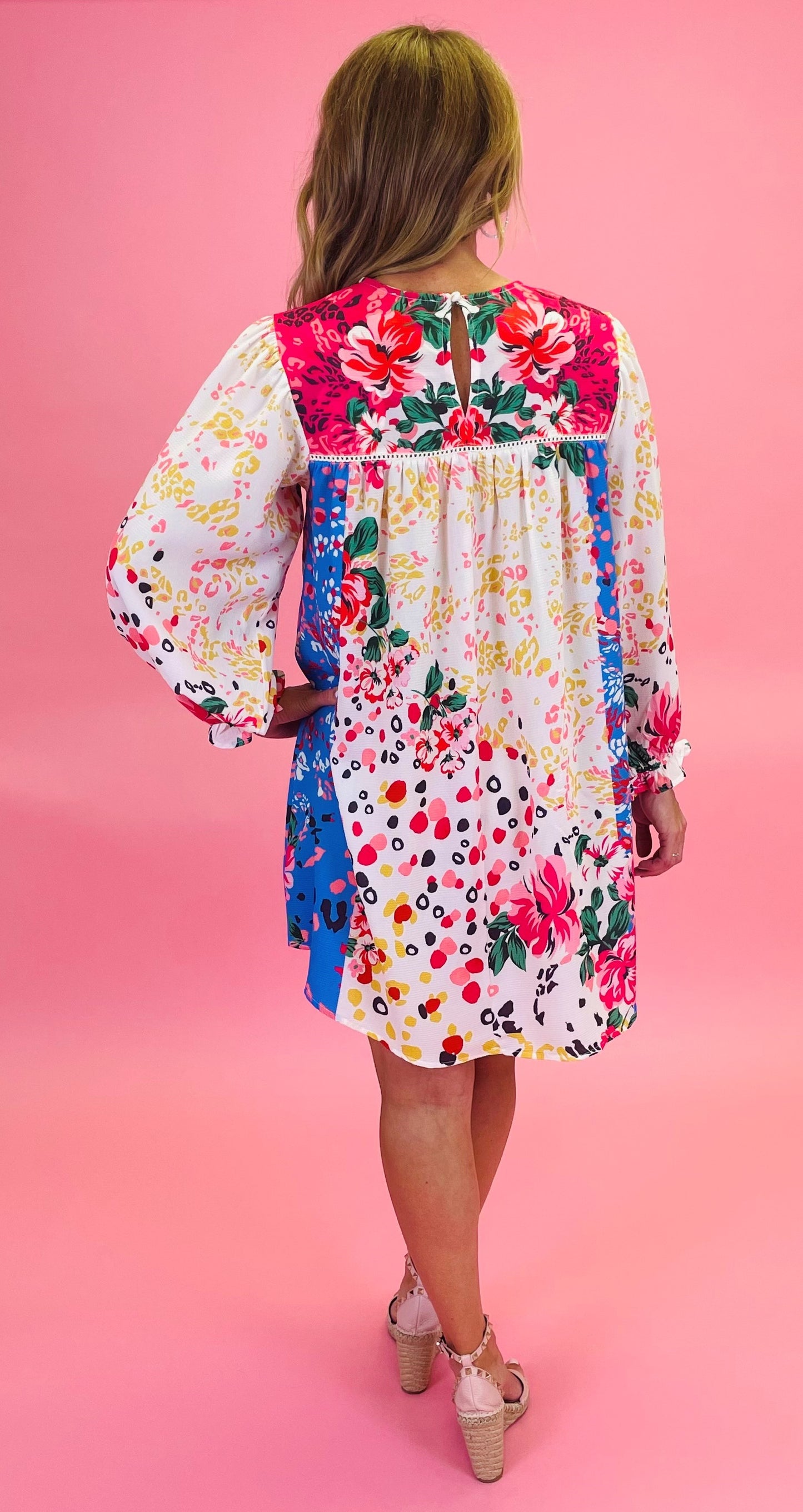 Mixed Print Crochet Trim Dress