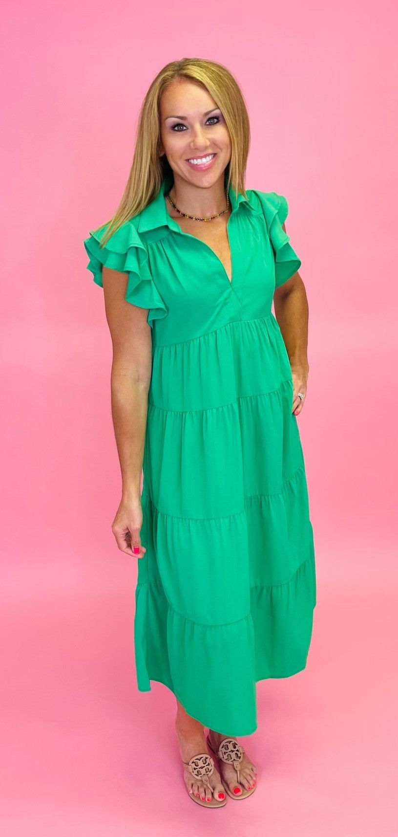 Kelly Green Tiered Midi Dress