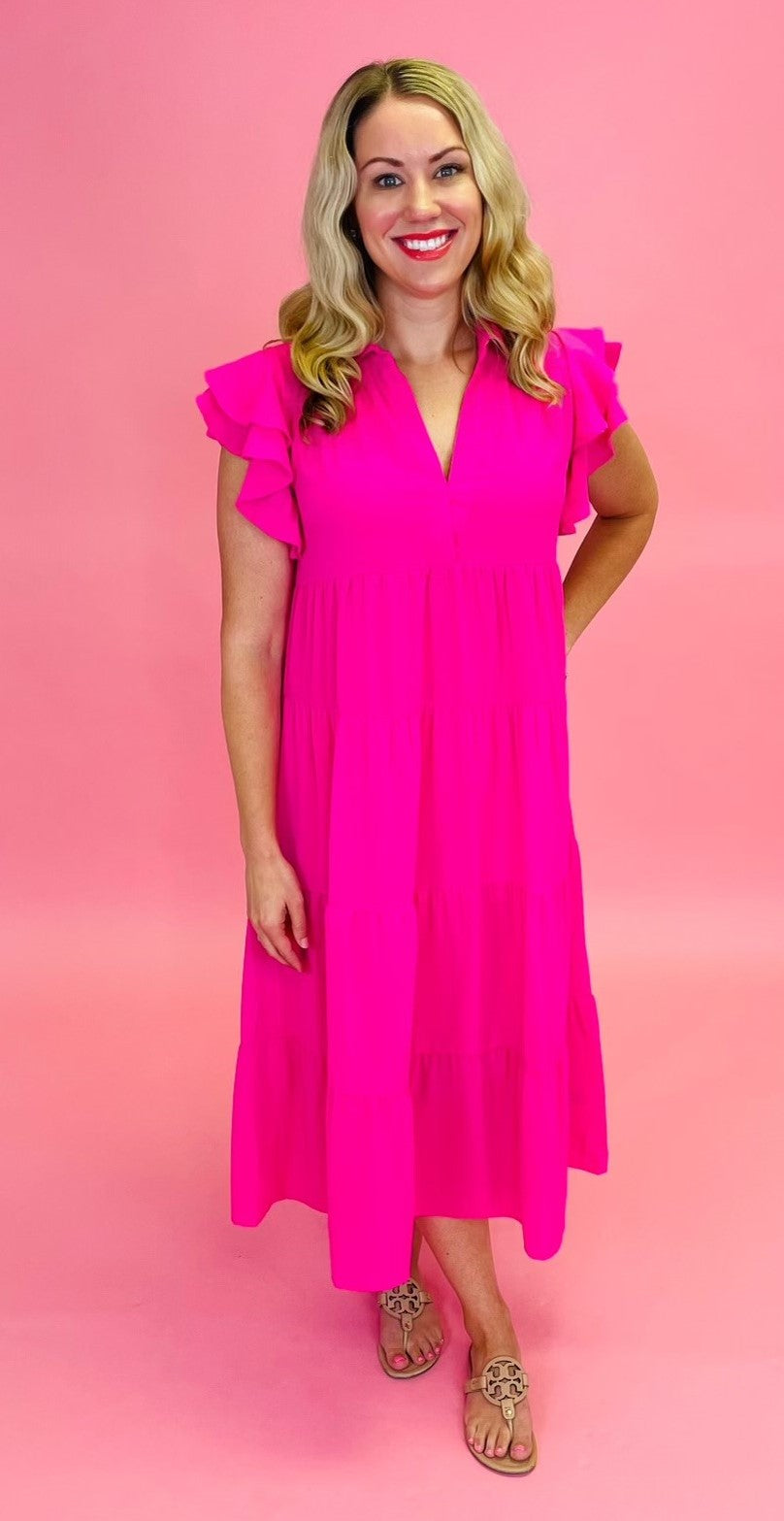 Hot Pink Tiered Midi Dress