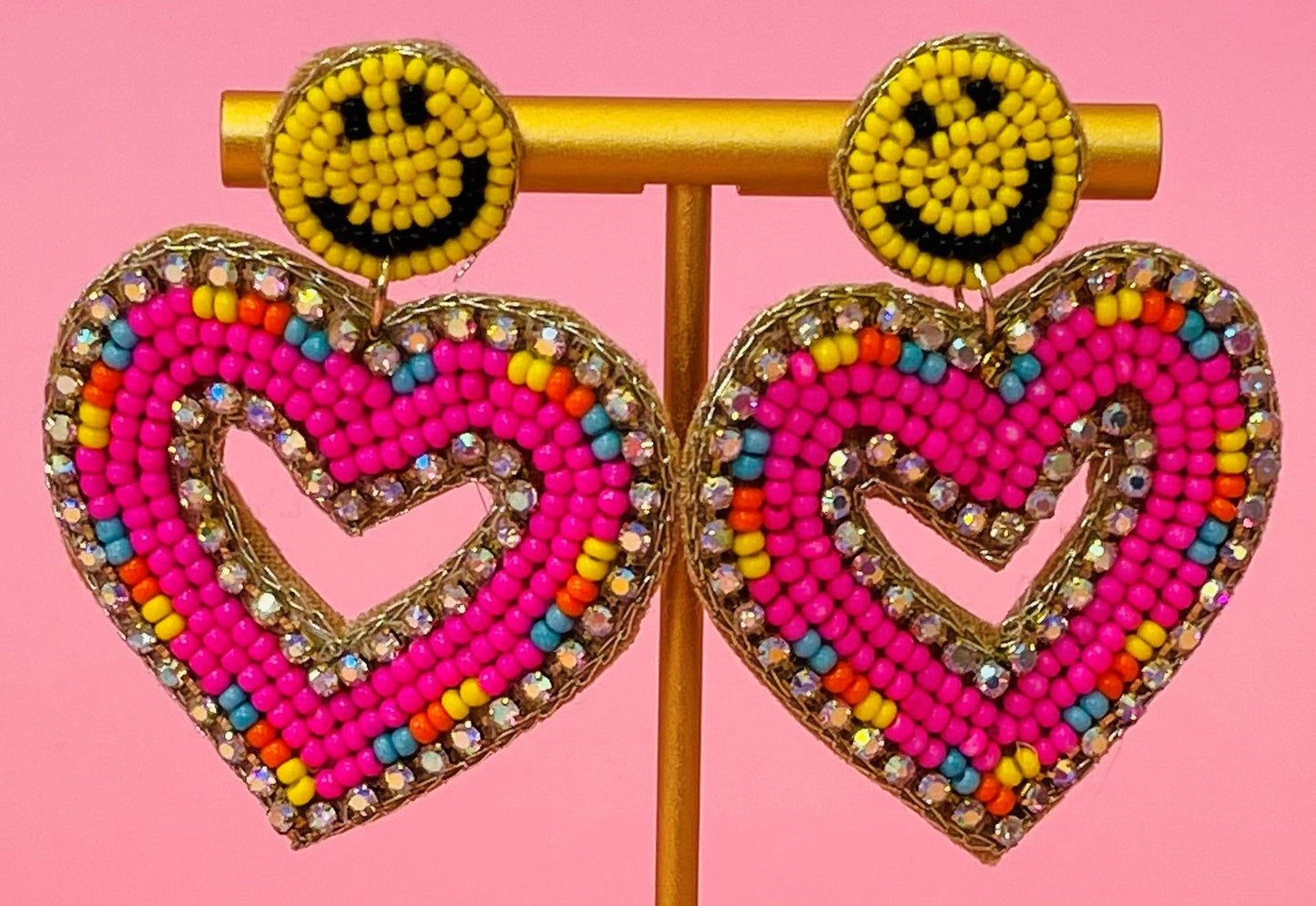 Pink Heart Shaped Smiley Face Earrings